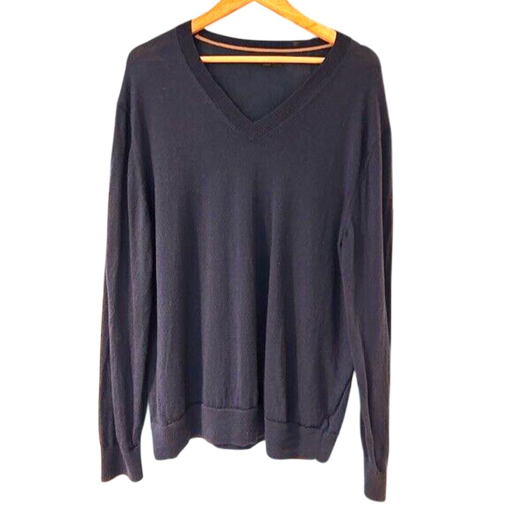 BANANA REPUBLIC Men's Merino Wool Sweater XL V Neck Navy Blue Fine Knit